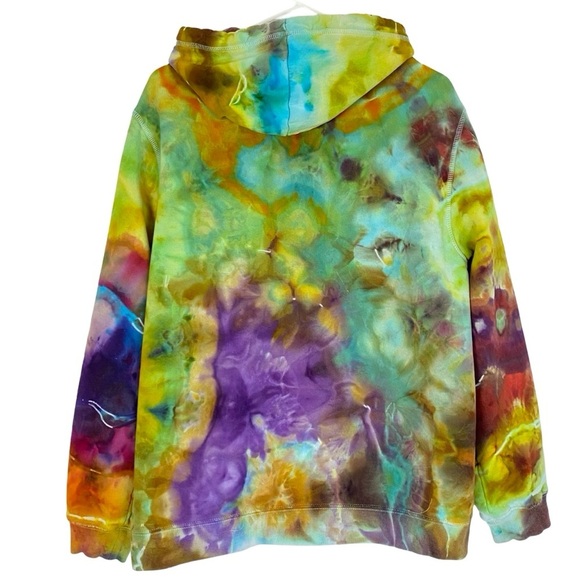 Handmade Tie Dye Hoodie Sweatshirt Pullover Mens Large Unisex Upcycled Pocket - Picture 2 of 10